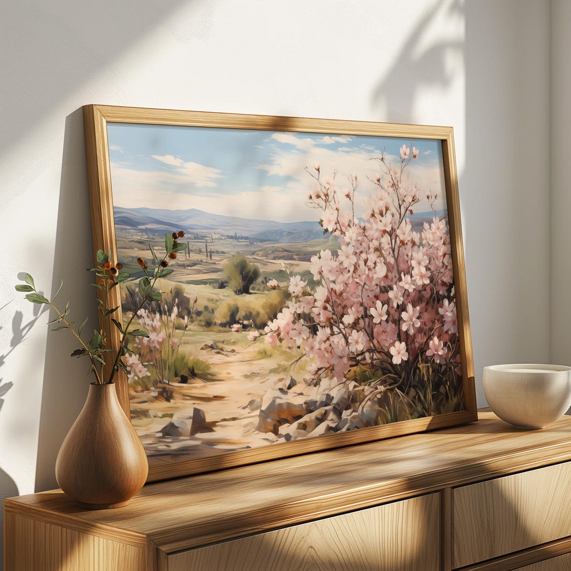 Pink Cherry Blossom Valley Mountain Spring Oil Painting Poster - Image 4