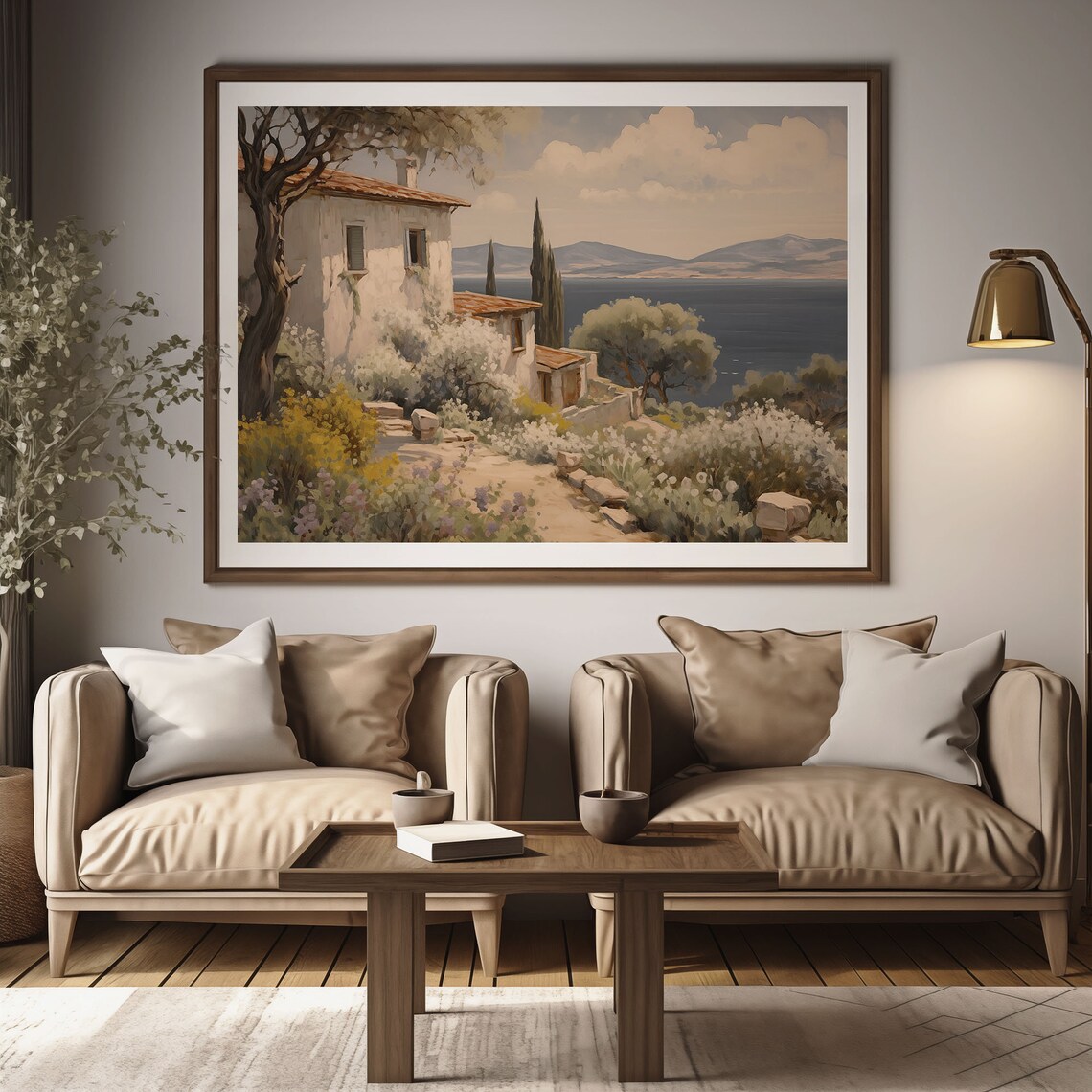 Rustic Farmhouse with Cypress Trees Above the Sea Oil Painting Poster - Image 2