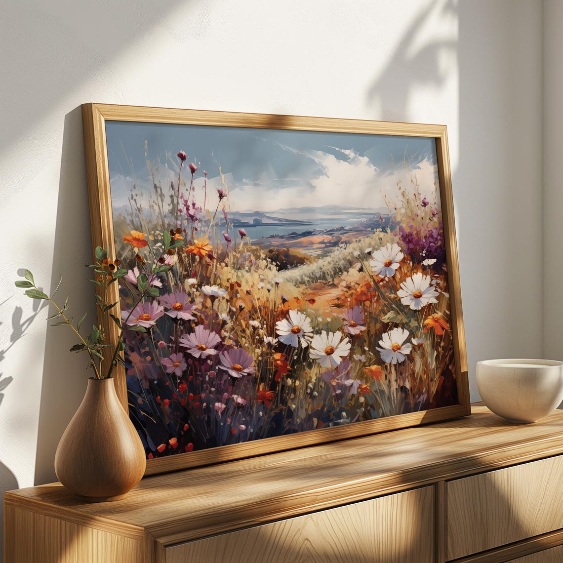 White Daisy Wildflower Meadow Lake View Vintage Oil Painting Poster - Image 4