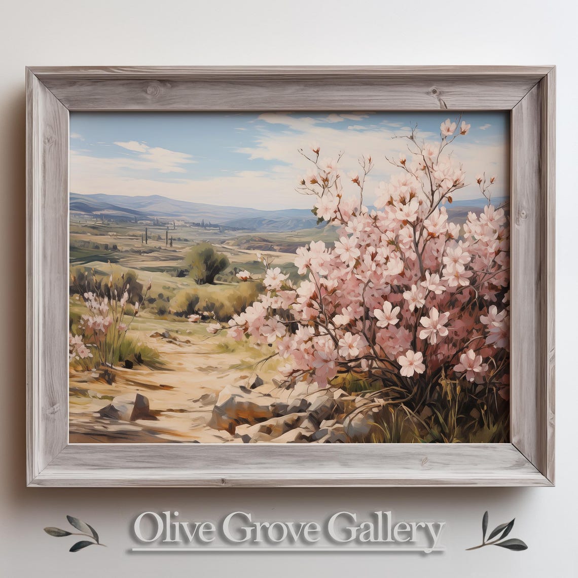 Pink Cherry Blossom Valley Mountain Spring Oil Painting Poster