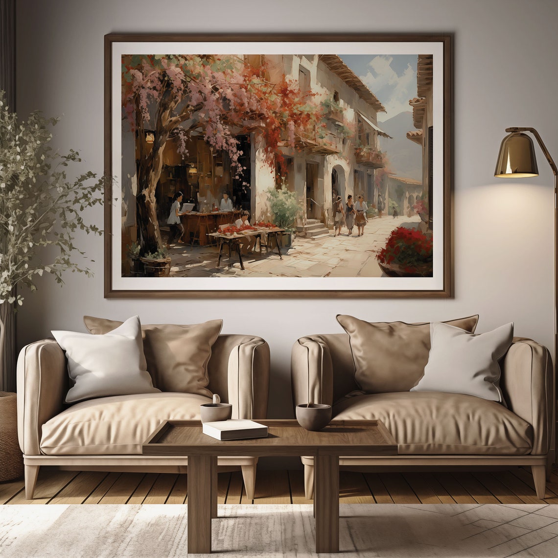 Mediterranean Village Street Cafe Blossoming Tree Oil Painting Poster - Image 2