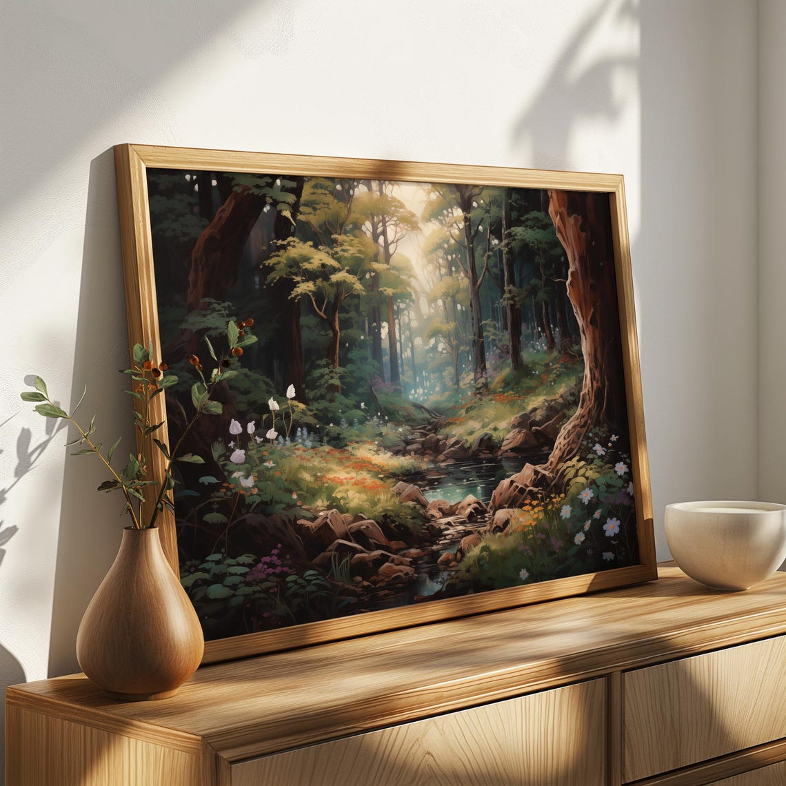 Woodland Stream Rocks Wildflower Forest Light Oil Painting Poster - Image 4
