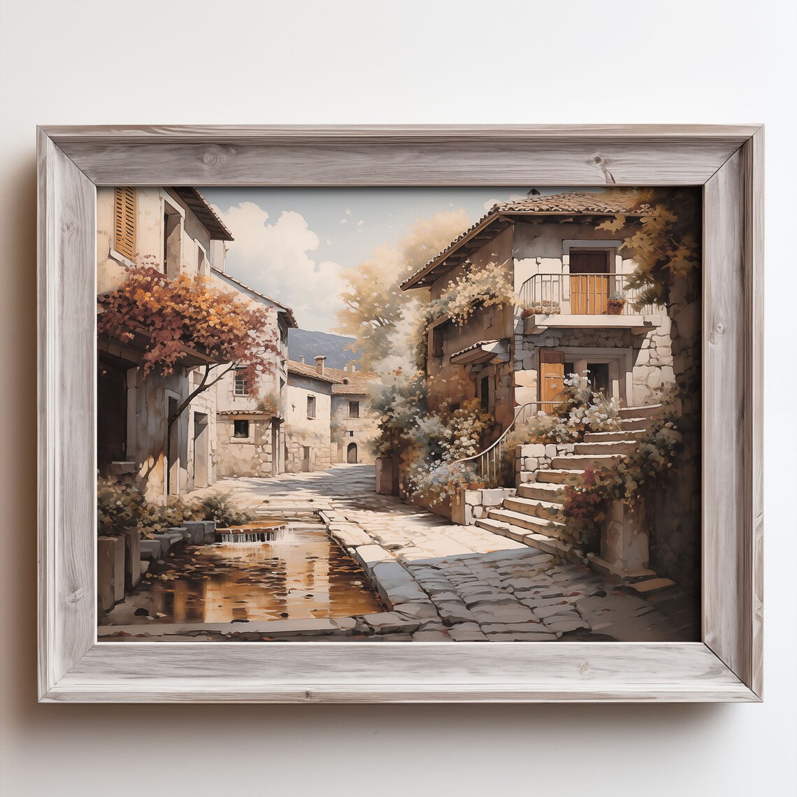 Stone Village Street With Stream Autumn Colors Oil Painting Poster