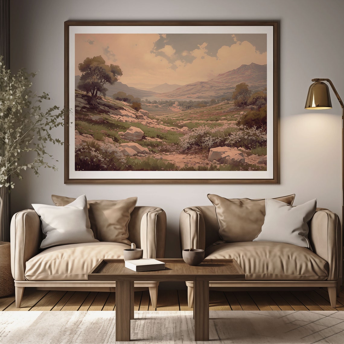 Rocky Valley with Wildflowers Under Golden Sky Oil Painting Poster - Image 2