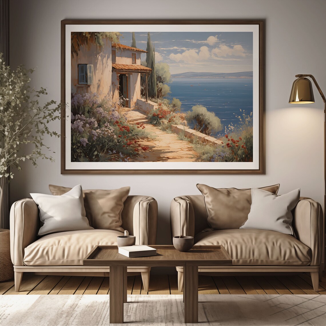 Mediterranean Villa Sea View Cypress Trees Vintage Oil Painting Poster - Image 2