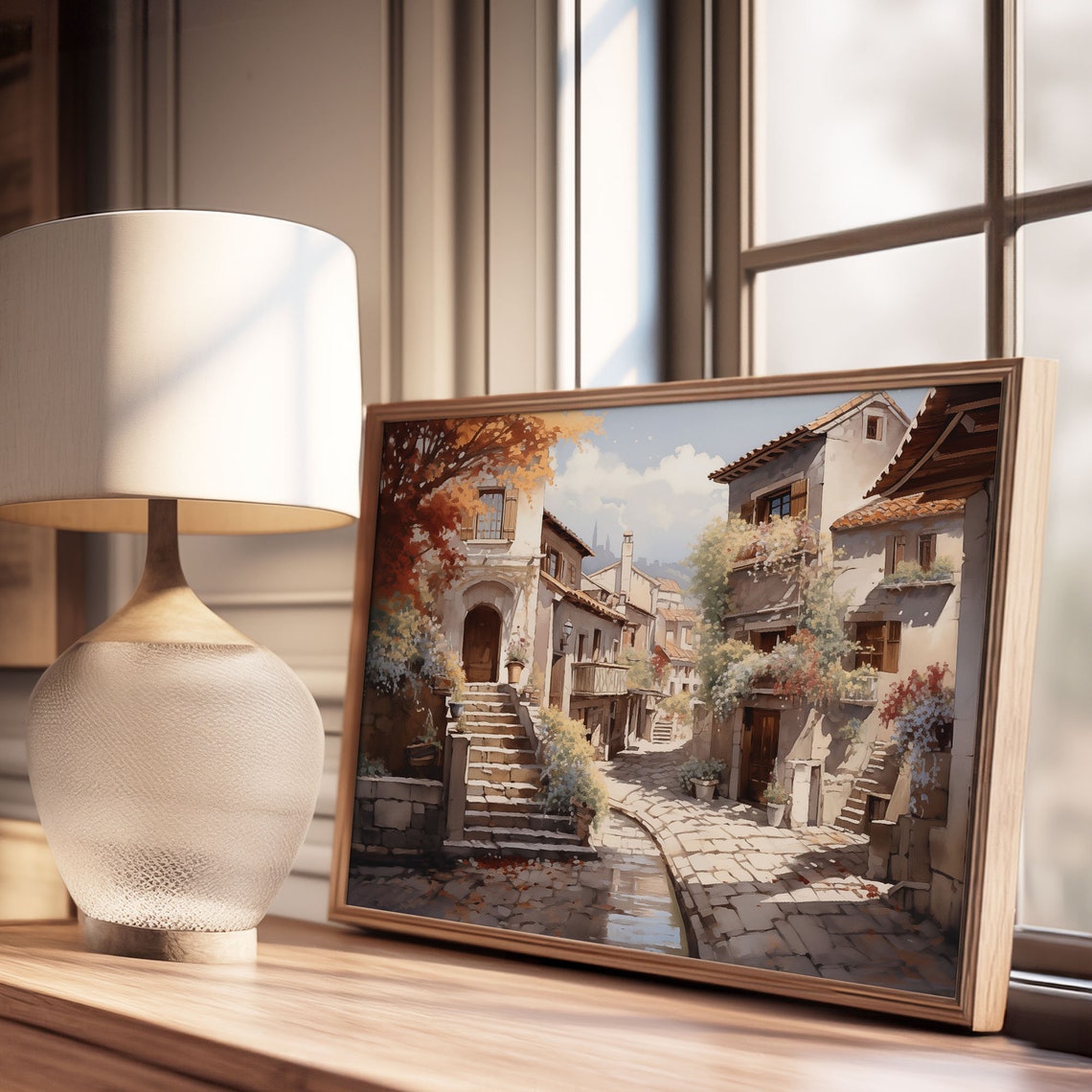 Sunlit Old Town Lane with Stone Steps Oil Painting Style Poster - Image 2