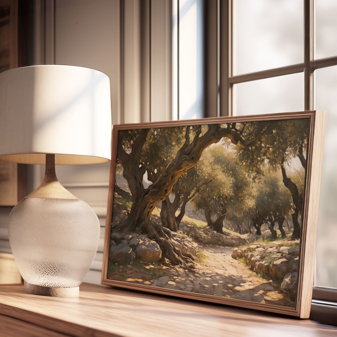Gnarled Olive Trees Rocky Trail Warm Light Vintage Oil Painting Poster - Image 3