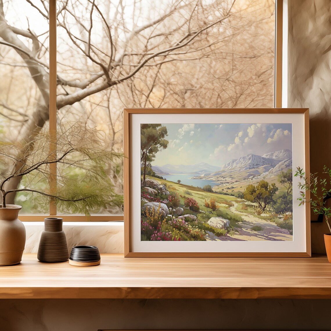 Hillside Wildflower Lake Painting Rocky Mountain Blue Shore Poster - Image 4