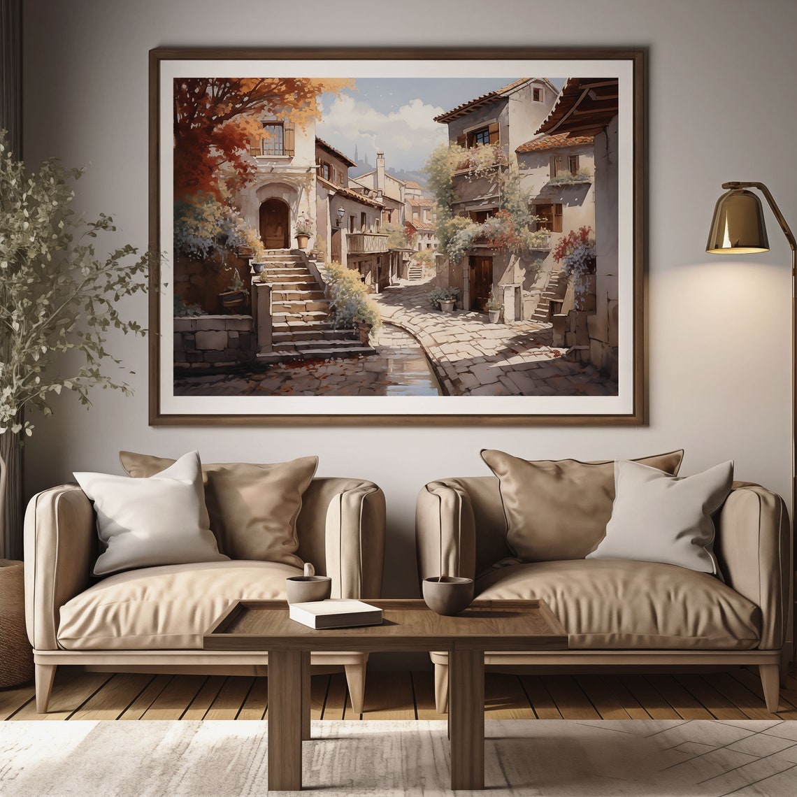Sunlit Old Town Lane with Stone Steps Oil Painting Style Poster - Image 3