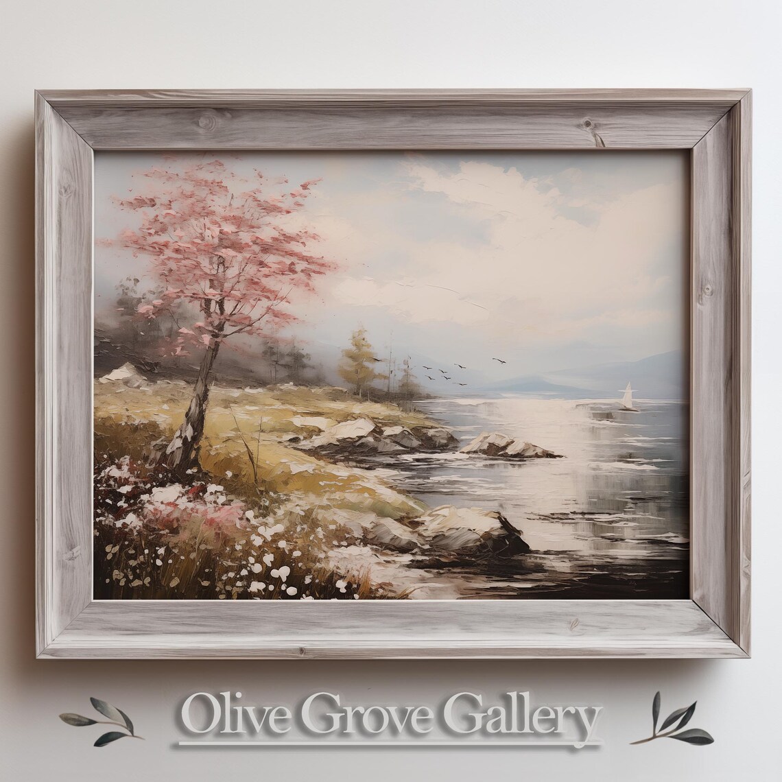 Misty Lake Shore Pink Blossom Tree Sailboat Oil Painting Poster