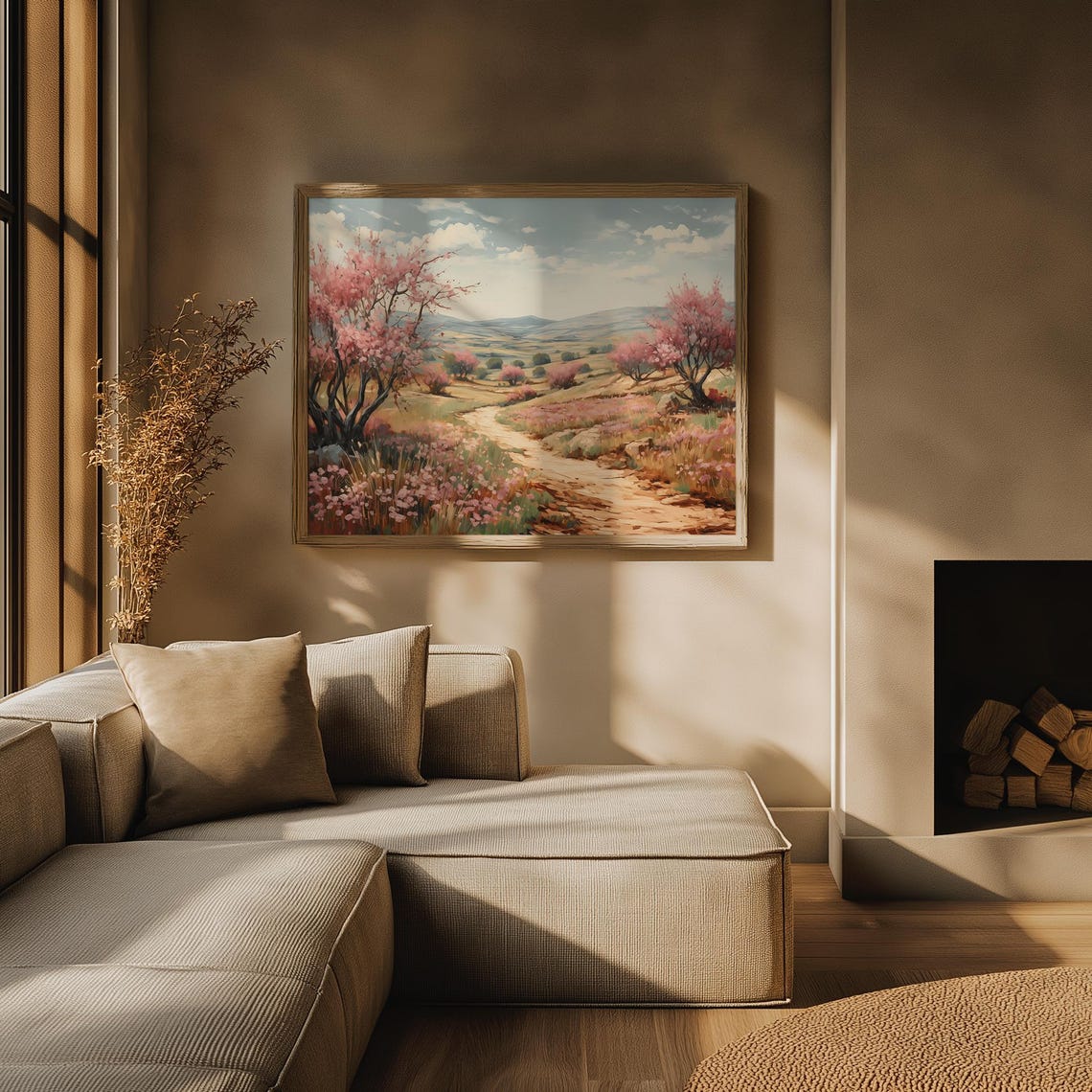 Blossoming Almond Tree Hillside Spring Landscape Pink Flower Poster - Image 3