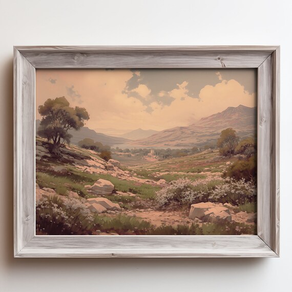 Rocky Valley with Wildflowers Under Golden Sky Oil Painting Poster