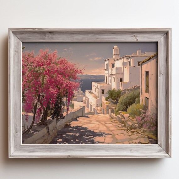 Greek Whitewashed Village Street Bougainvillea Sea Church Poster