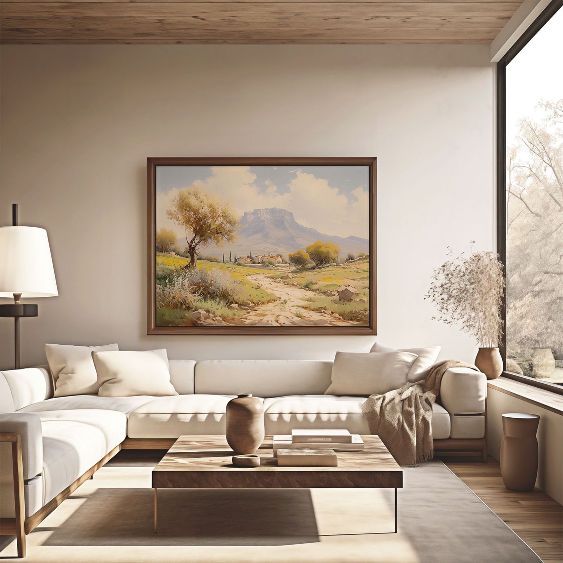 Rural Sunlit Country Farmhouse Golden Field Mountain View Poster - Image 4