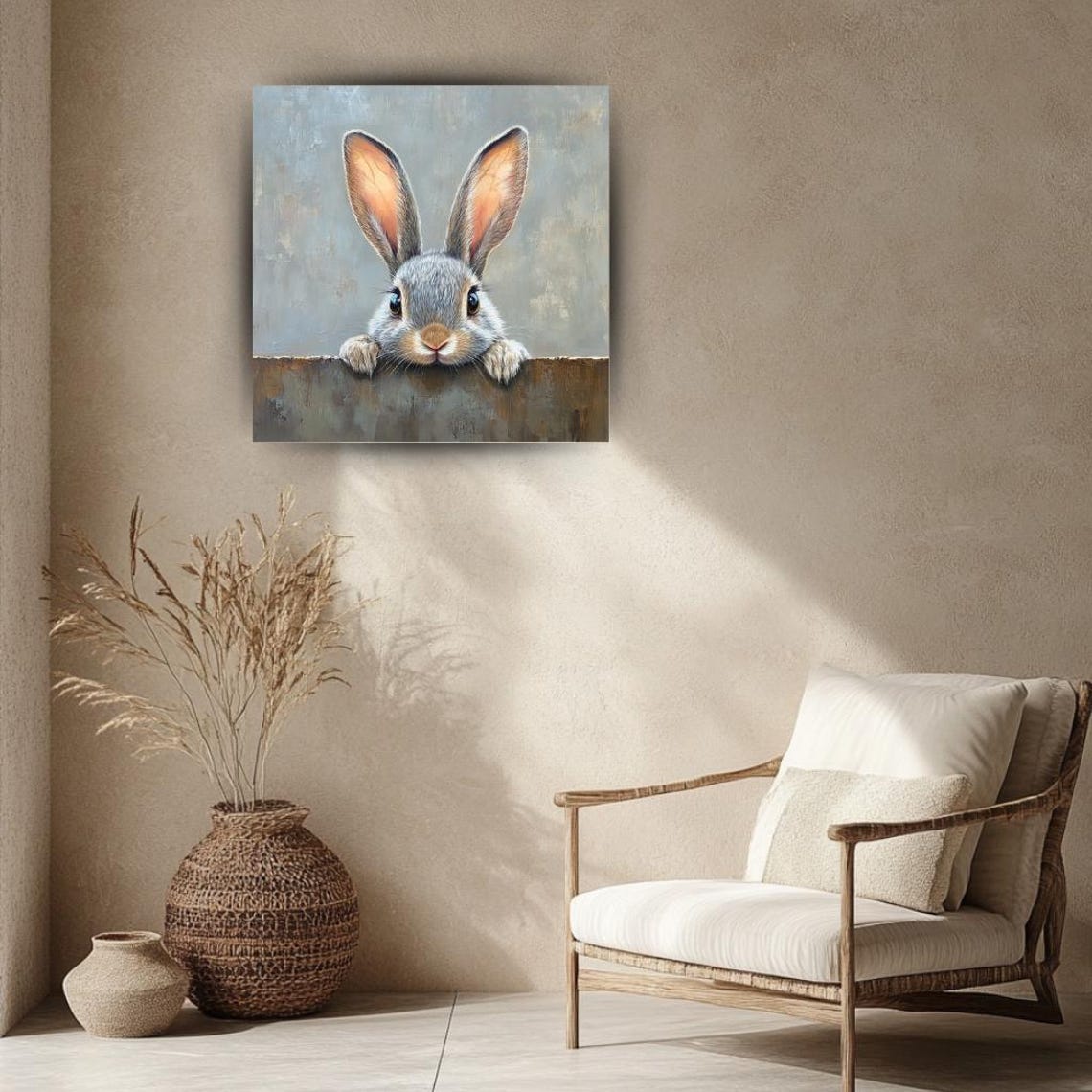 Gray Bunny Peeking Over Ledge Big Ears Cute Nursery Animal Poster - Image 2