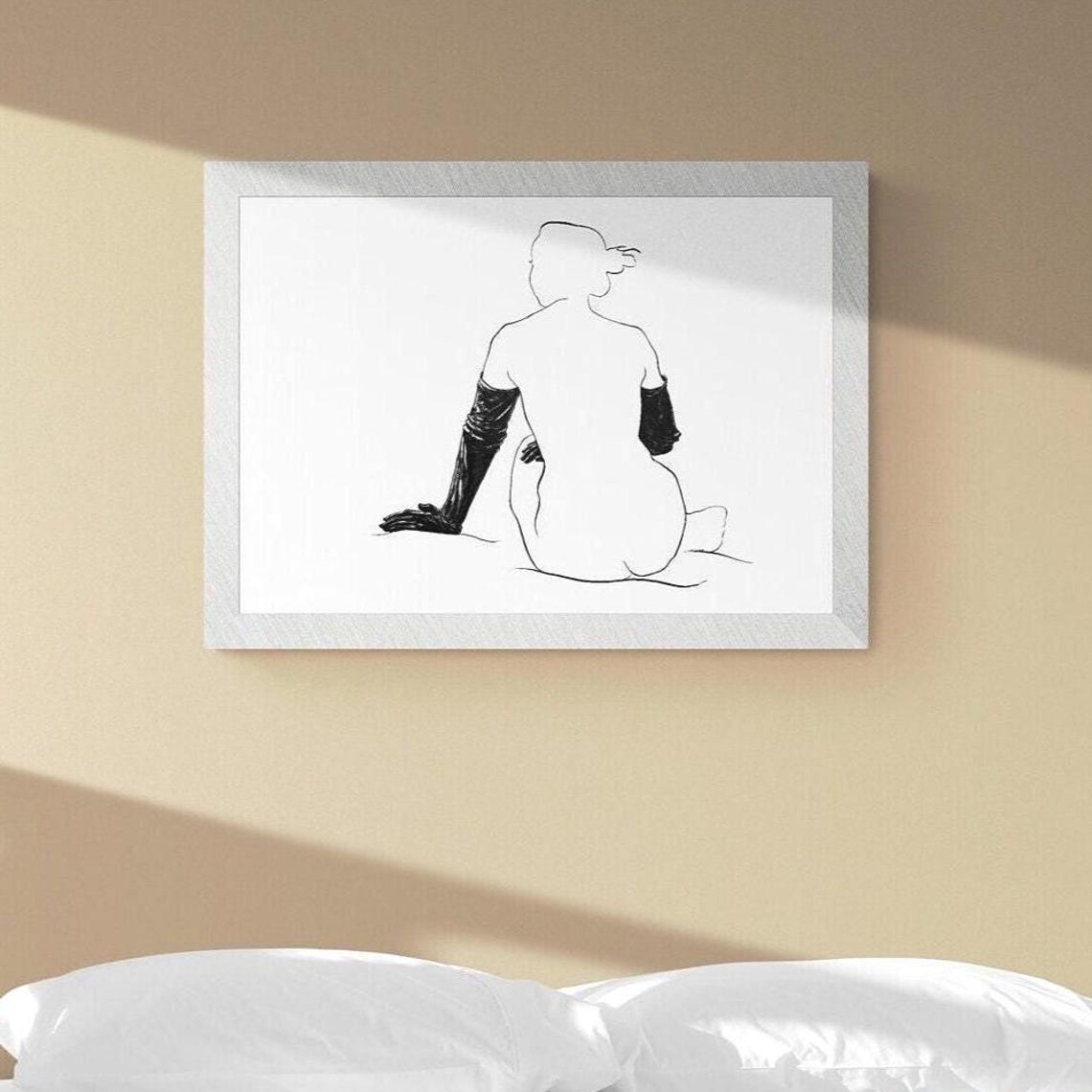 Boho Nude Line Art Print Minimalist Drawing Feminine Figure Cozy Bedroom Wall Decor