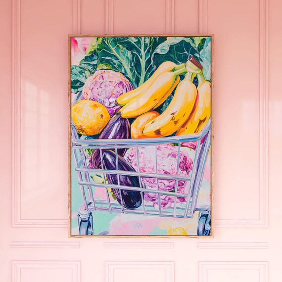 Grocery Cart Full of Fruit Painting Poster Colorful Market Still Life