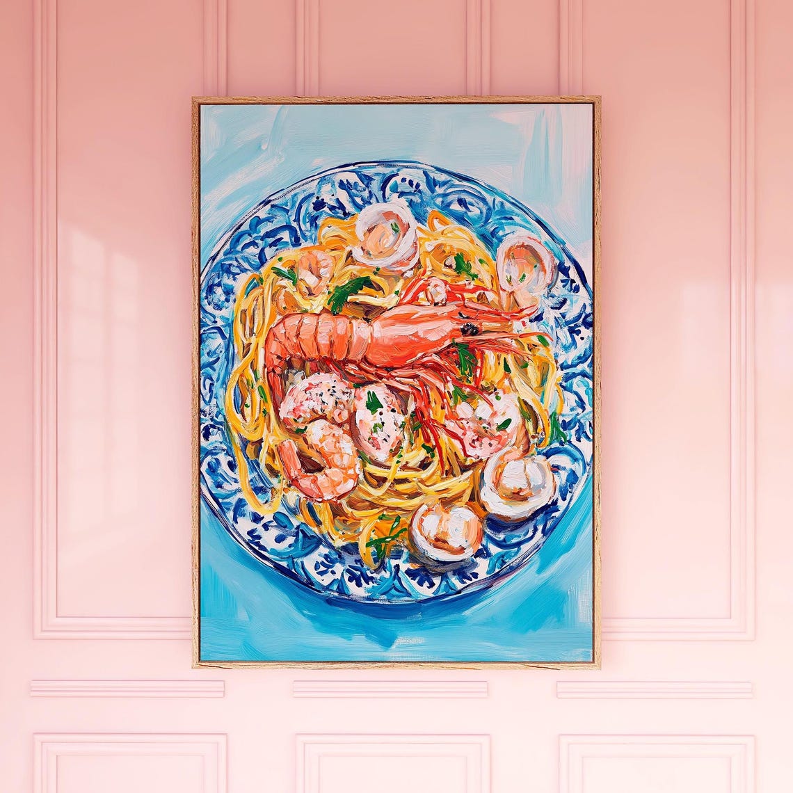 Seafood Pasta Painting Poster Lobster and Shrimp Dish on Blue Plate