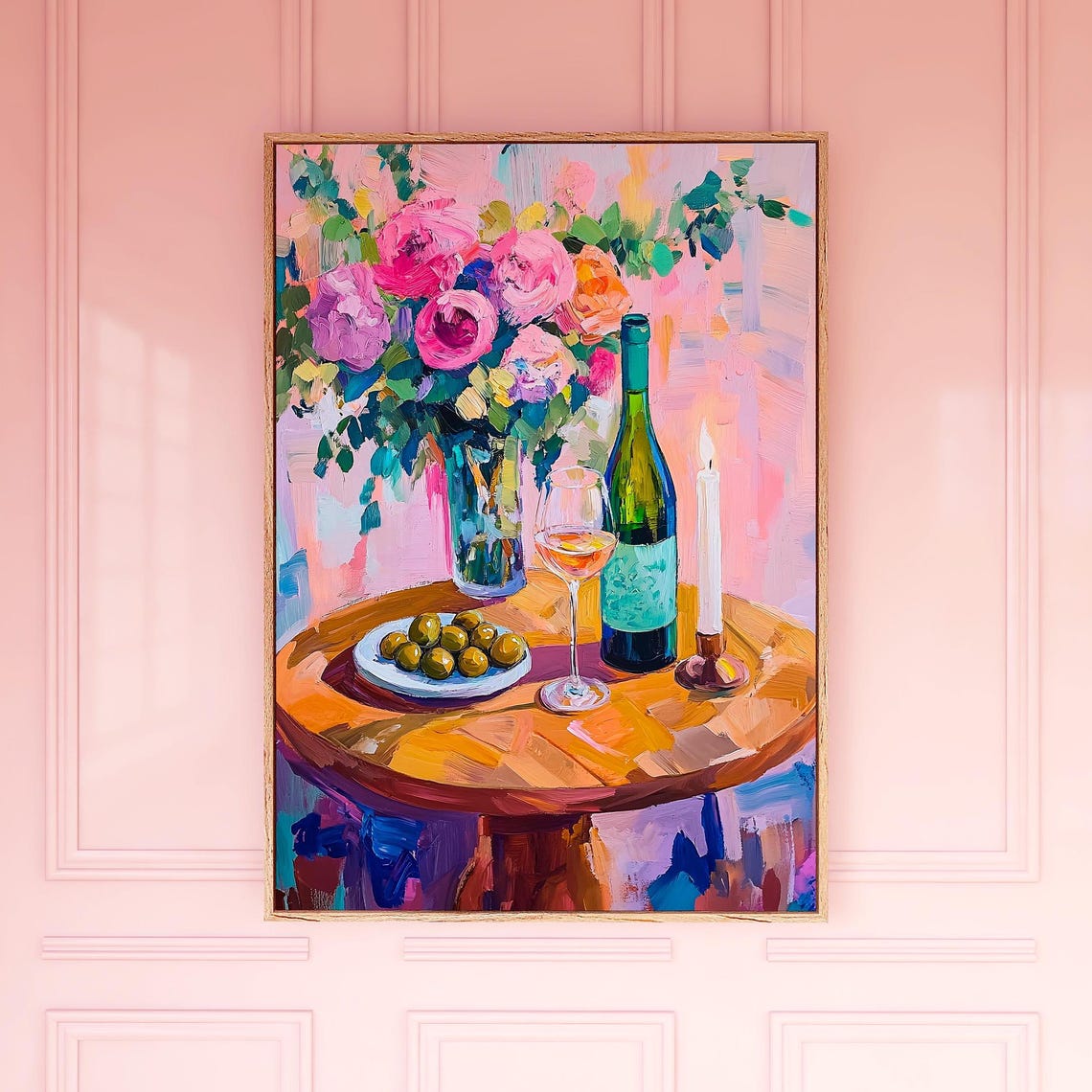 Pink Roses Bouquet Wine Bottle Glass Still Life Painting Poster
