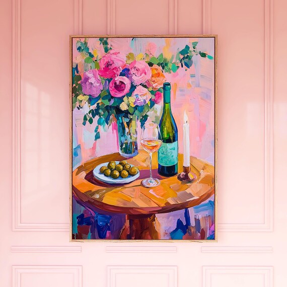 Pink Roses Bouquet Wine Bottle Glass Still Life Painting Poster
