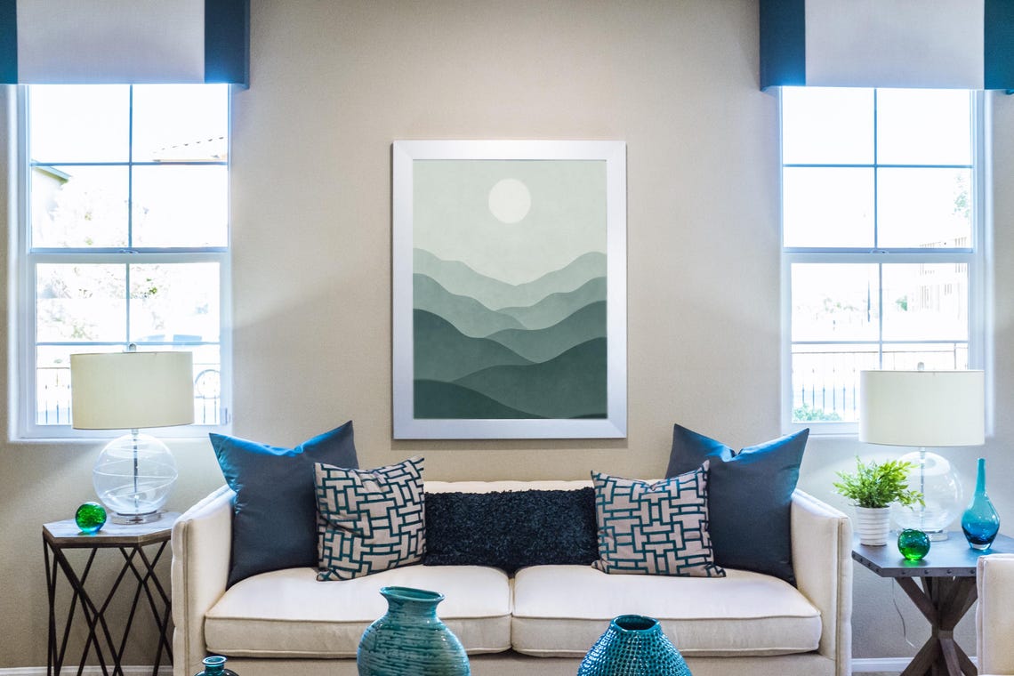 Green Mountain Waves Painting Minimalist Sun Japandi Nature Poster - Image 3