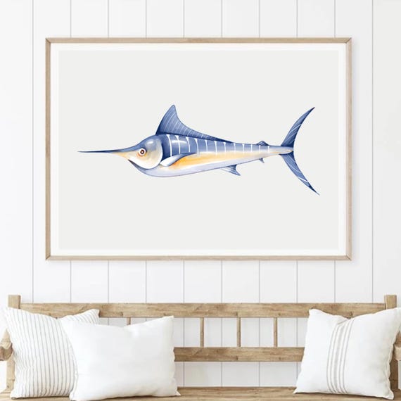Blue Marlin Fish Watercolor Nautical Print Sportfishing Decor Fishing Poster Gift For Him Deep Sea Art Saltwater