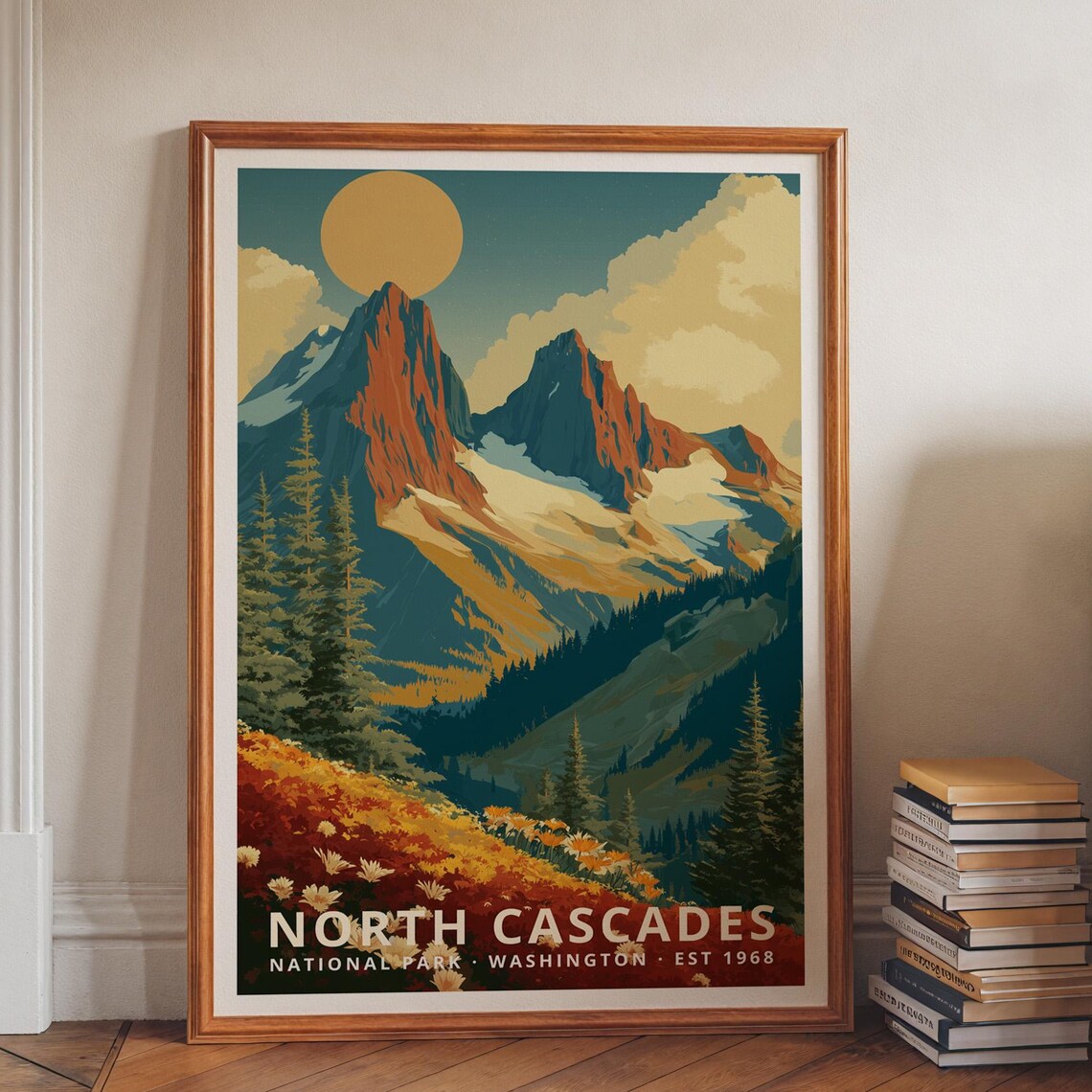 North Cascades Washington Snowy Peaks Retro National Park Travel Poster