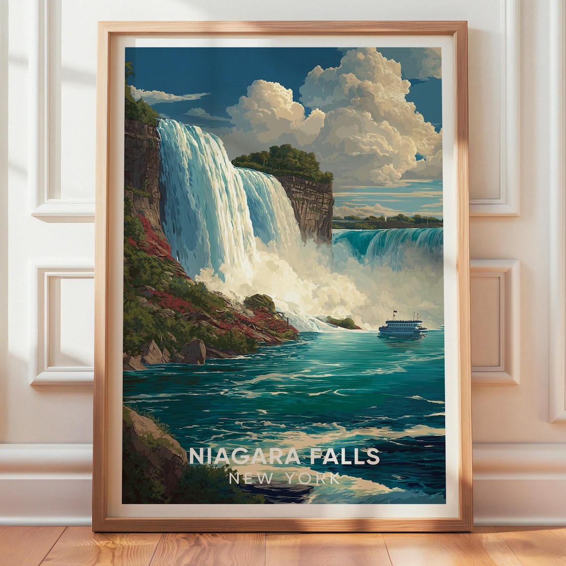 Niagara Falls New York Retro Waterfall Boat Tour Travel Poster