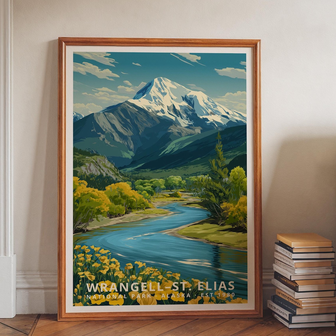 Wrangell Saint Elias Alaska Snow Peak River Retro Travel Poster