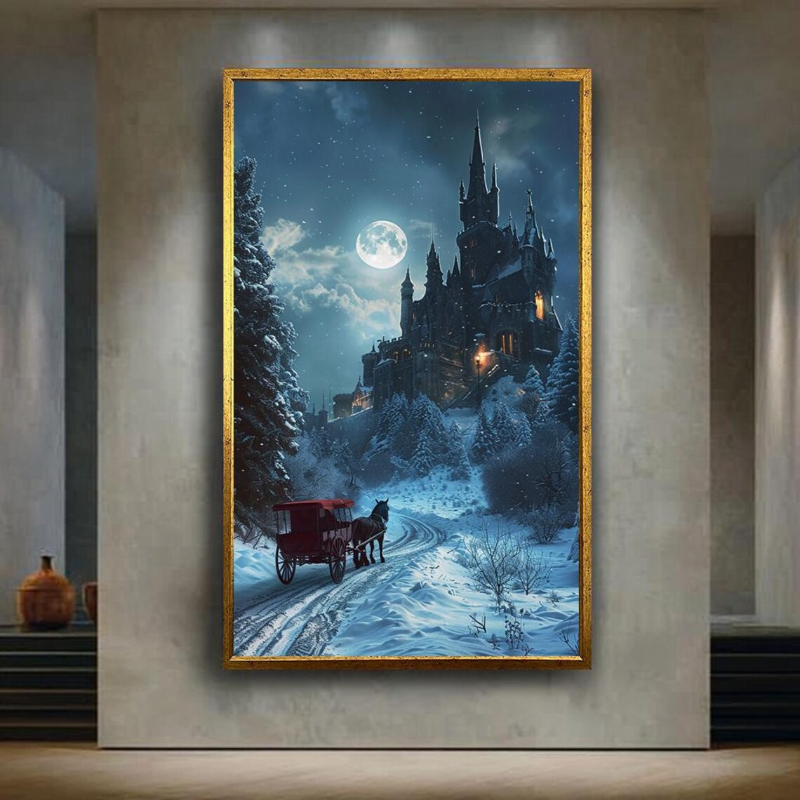 Winter Castle Under Moonlight Horse Carriage Snow Scene Poster