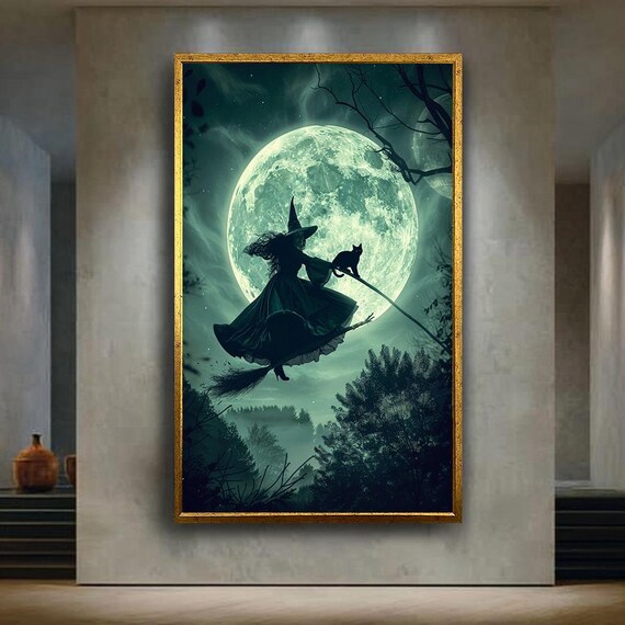 Witch Flying With Cat In Front Of Full Moon Canvas Wall Art Spooky Halloween Night Print For Gothic Fantasy Or Witchy Home Decor