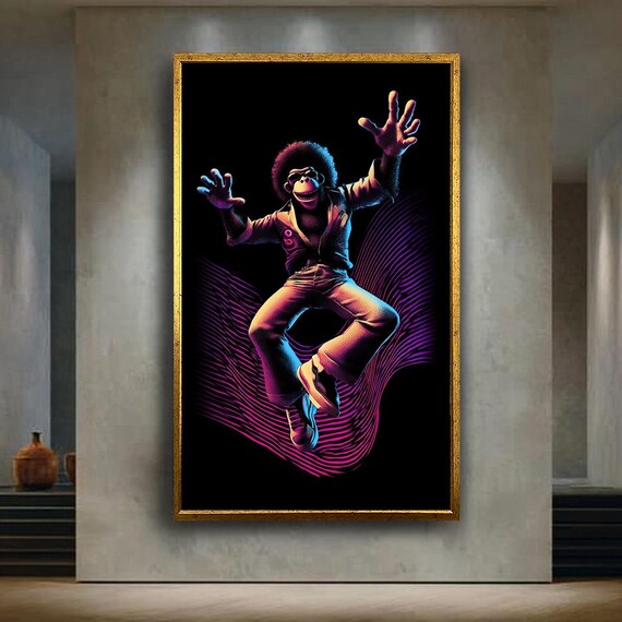 Neon Disco Monkey Canvas Wall Art Funky 70s Afro Style Anthropomorphic Ape With Retro Synthwave Lighting For Cool Decor