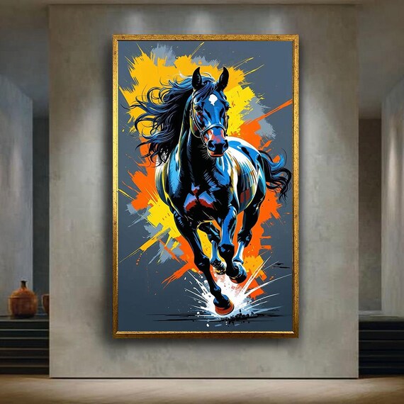 Running Horse Canvas Wall Art Abstract Animal Painting Print Bold Colorful Artwork Western Style Home Decor Equestrian Gift