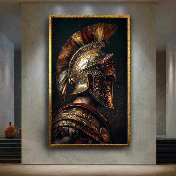 Golden Roman Helmet With Red Plume Detailed Warrior Armor Art Poster