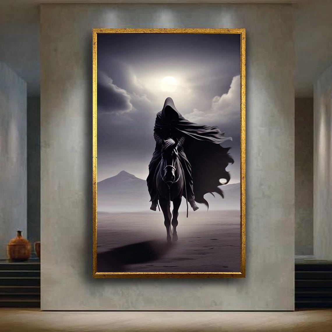 Dark Hooded Rider on Horse Under Full Moon Gothic Fantasy Night Poster