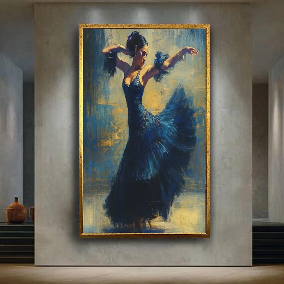 Flamenco Dancer in Flowing Blue Dress Spanish Dance Art Poster