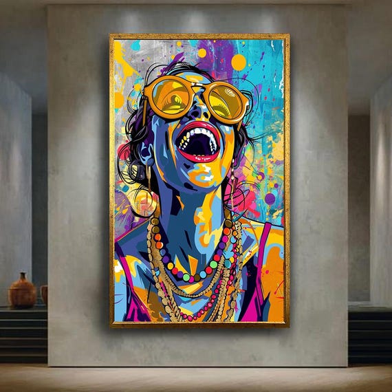 Colorful Pop Art Laughing Woman Canvas Wall Vibrant Urban Portrait With Sunglasses For Bold Modern Home Or Studio Decor