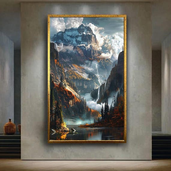 Majestic Mountain Landscape Canvas Wall Art Print With Waterfalls And Autumn Forest Epic Nature Scene For Rustic Cabin Or Adventure