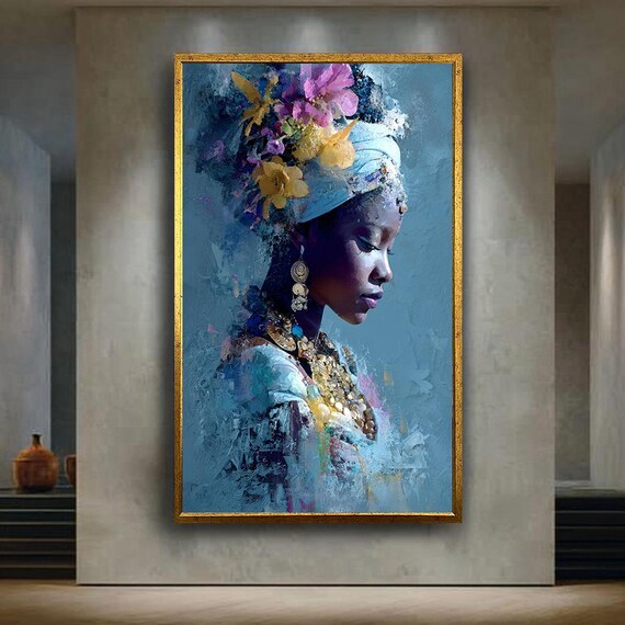 Blue Goddess Portrait Of An African Woman Floral Crown Ethereal Art Poster