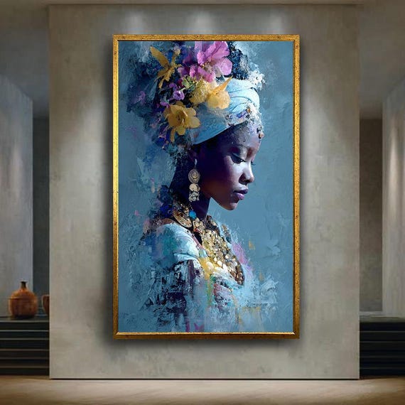 Blue Goddess Portrait Wall Art Print Ethereal Afro Woman Poster Floral Crown Spiritual Beauty Illustration For Home Decor