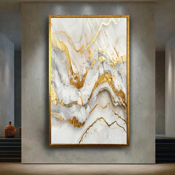 Abstract White Grey And Gold Marble Canvas Wall Art With Fluid Painting Texture Modern Luxury Minimalist Home Decoration