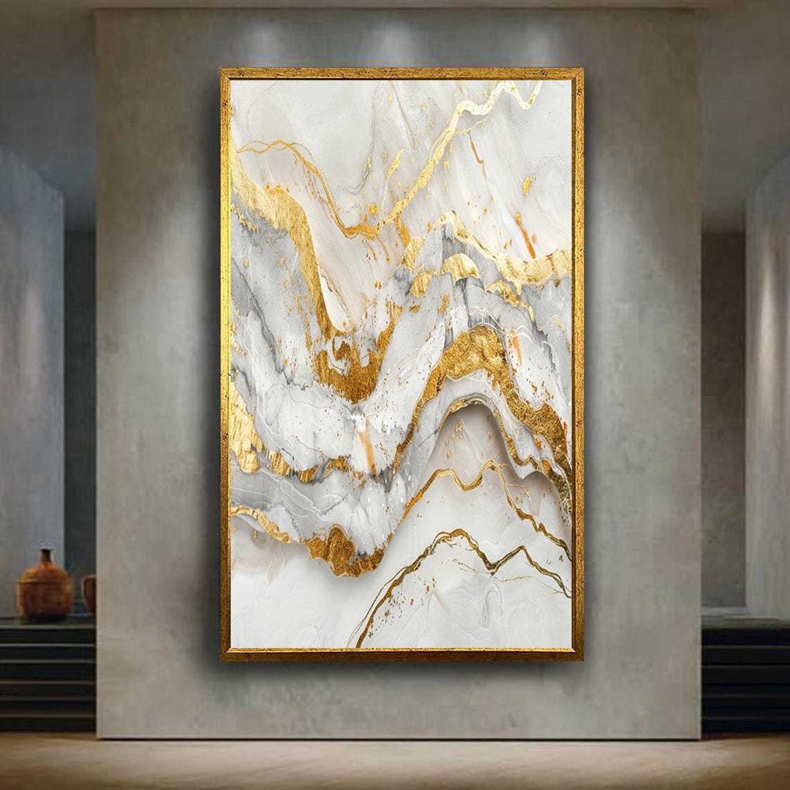 White Grey Gold Marble Waves Abstract Fluid Elegant Luxury Wall Art