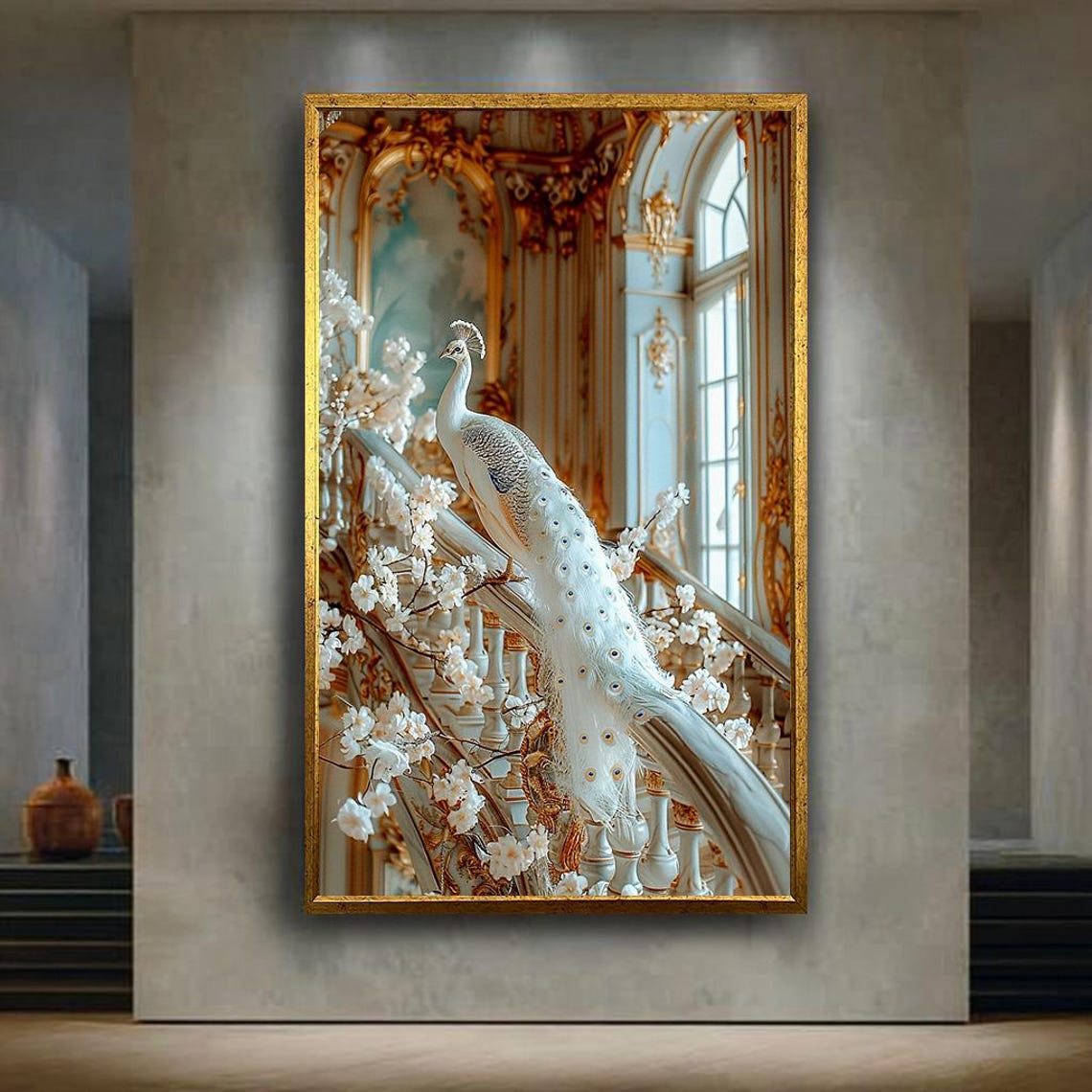 White Peacock Grand Baroque Staircase Palace Elegance Poster