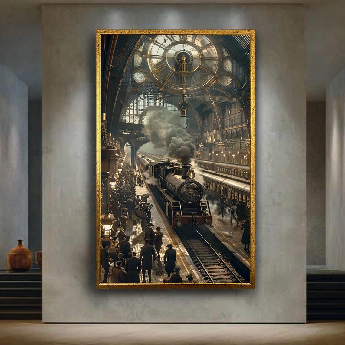 Steampunk Grand Train Station Ornate Ceiling Clock Steam Engine Poster