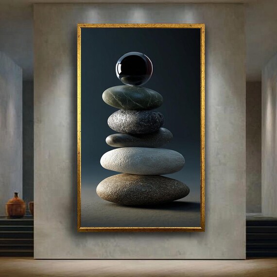 Modern Zen Stone Stack Canvas Print Minimalist Balance Artwork With Glass Sphere For Calm Interior Meditation Room Or Wellness Decor