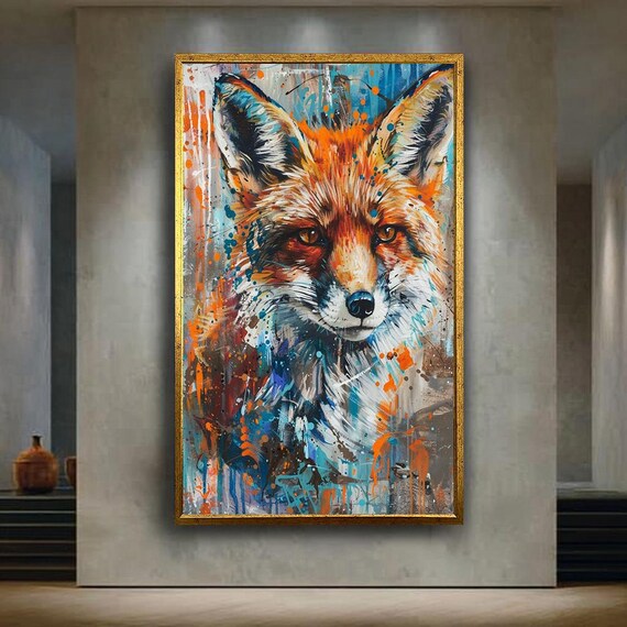 Colorful Fox Canvas Wall Art With Abstract Paint Splashes Modern Wildlife Animal Portrait Painting For Rustic And Nature Home Decor