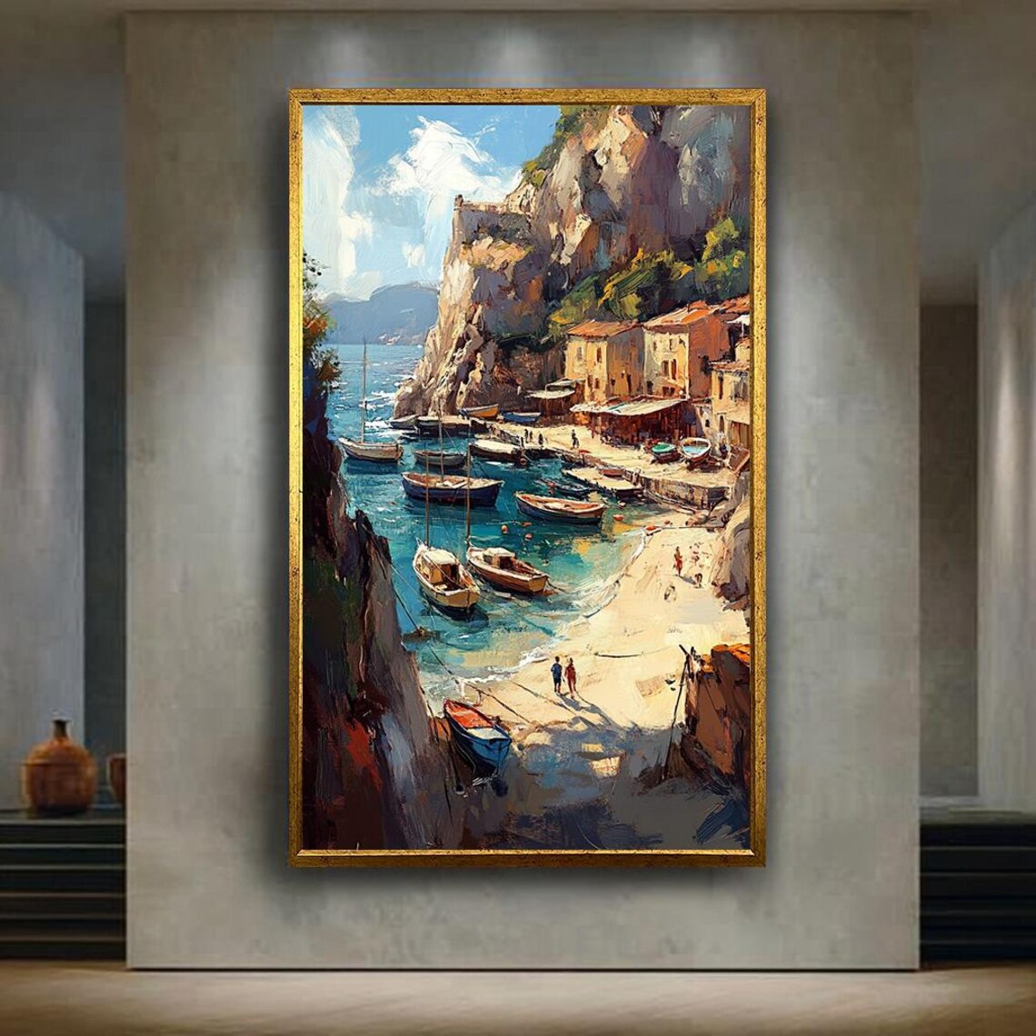Mediterranean Coastal Village Harbor Scene Art Print