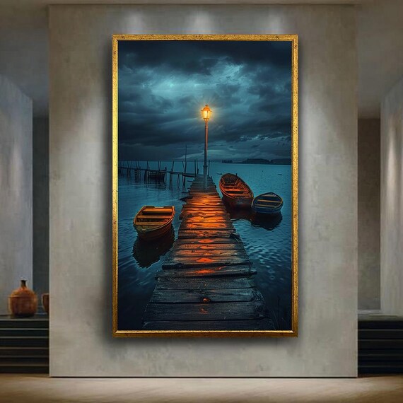 Moody Dock Canvas Wall Art With Boats And Lamp Light Reflection Dramatic Lake Scene Print For Calm Nautical Or Atmospheric Room Decor