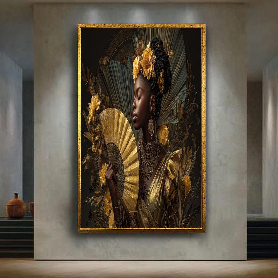 African Woman Canvas Wall Art With Golden Dress Floral Headpiece And Fan Luxury Glamour Portrait Home Decor For Living Room