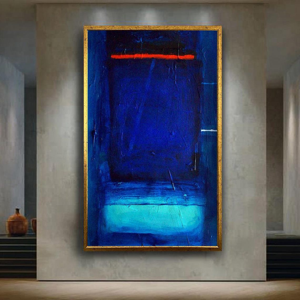 Deep Blue Abstract Expressionist Color Field Bold Red Line Art Poster